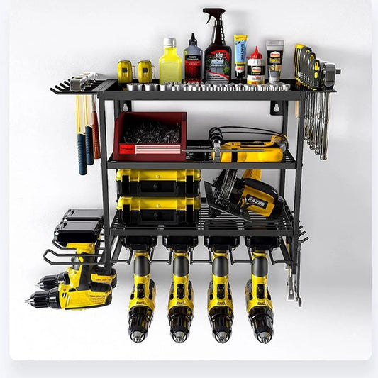 4-Layer Wall Mounted Power Tool Organizer Rack with Drill Holders & Shelves