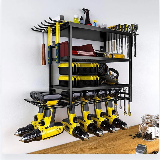 4-Layer Wall Mounted Power Tool Organizer Rack with Drill Holders & Shelves